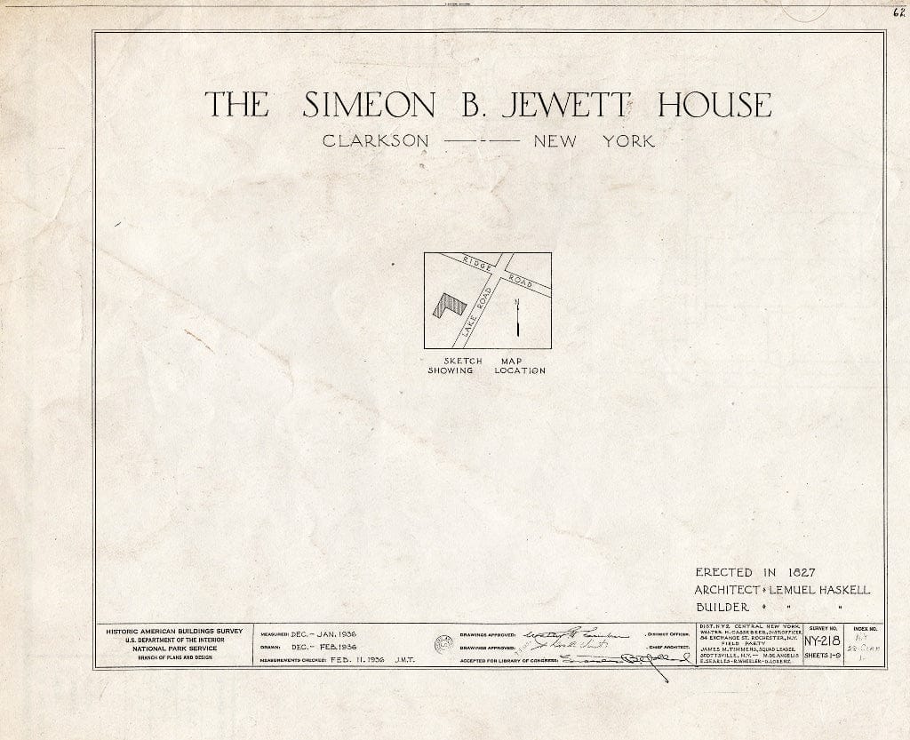 Blueprint HABS NY,28-CLAR,1- (Sheet 0 of 9) - Simeon B. Jewett House, Lake & Ridge Roads, Clarkson, Monroe County, NY