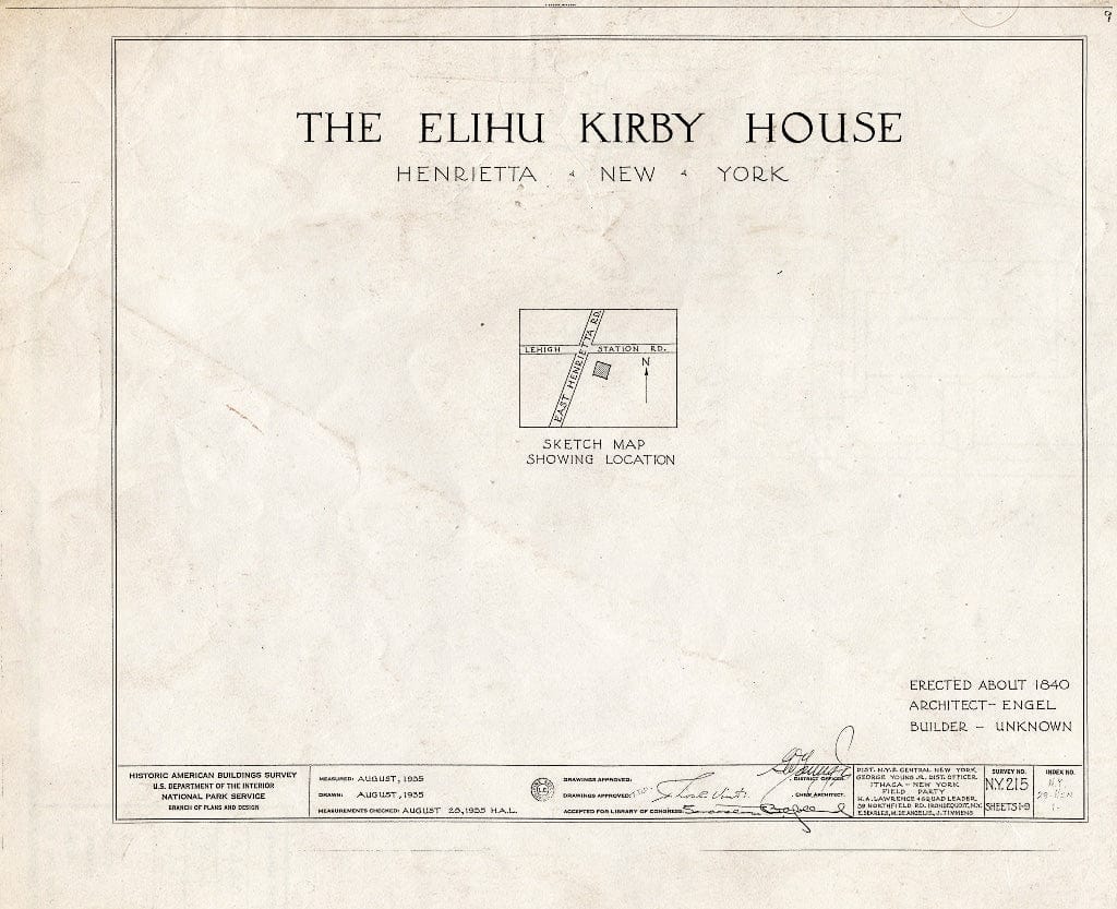 Blueprint HABS NY,28-Hen,1- (Sheet 0 of 9) - Elihu Kirby House, East Henrietta & Lehigh Station Roads, Henrietta, Monroe County, NY
