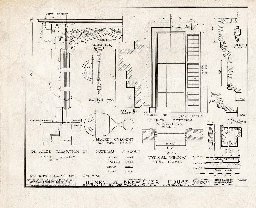 Blueprint HABS NY,28-Roch,9- (Sheet 7 of 10) - Henry A. Brewster House, Spring & Washington Streets, Northwest, Rochester, Monroe County, NY