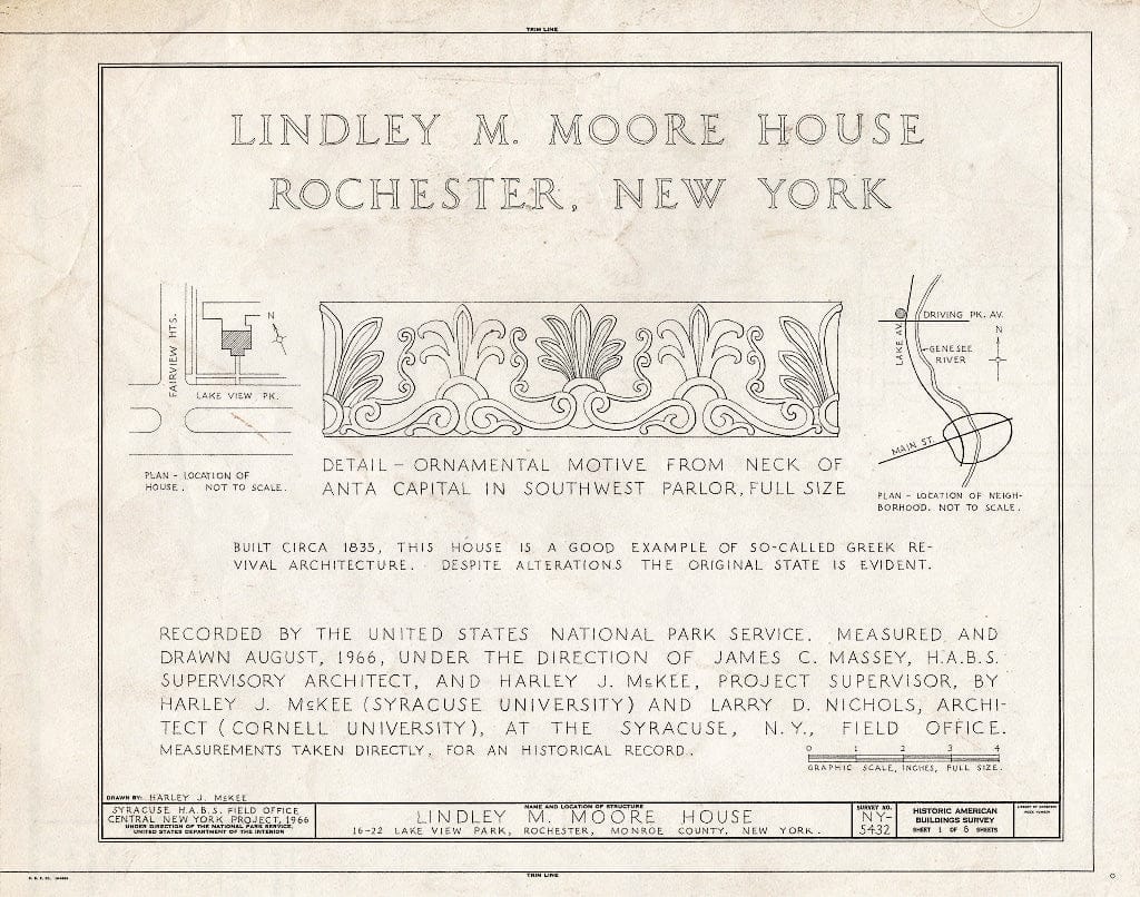 Blueprint HABS NY,28-Roch,11- (Sheet 1 of 8) - Lindley M. Moore House, 22 Lake View Park, Rochester, Monroe County, NY