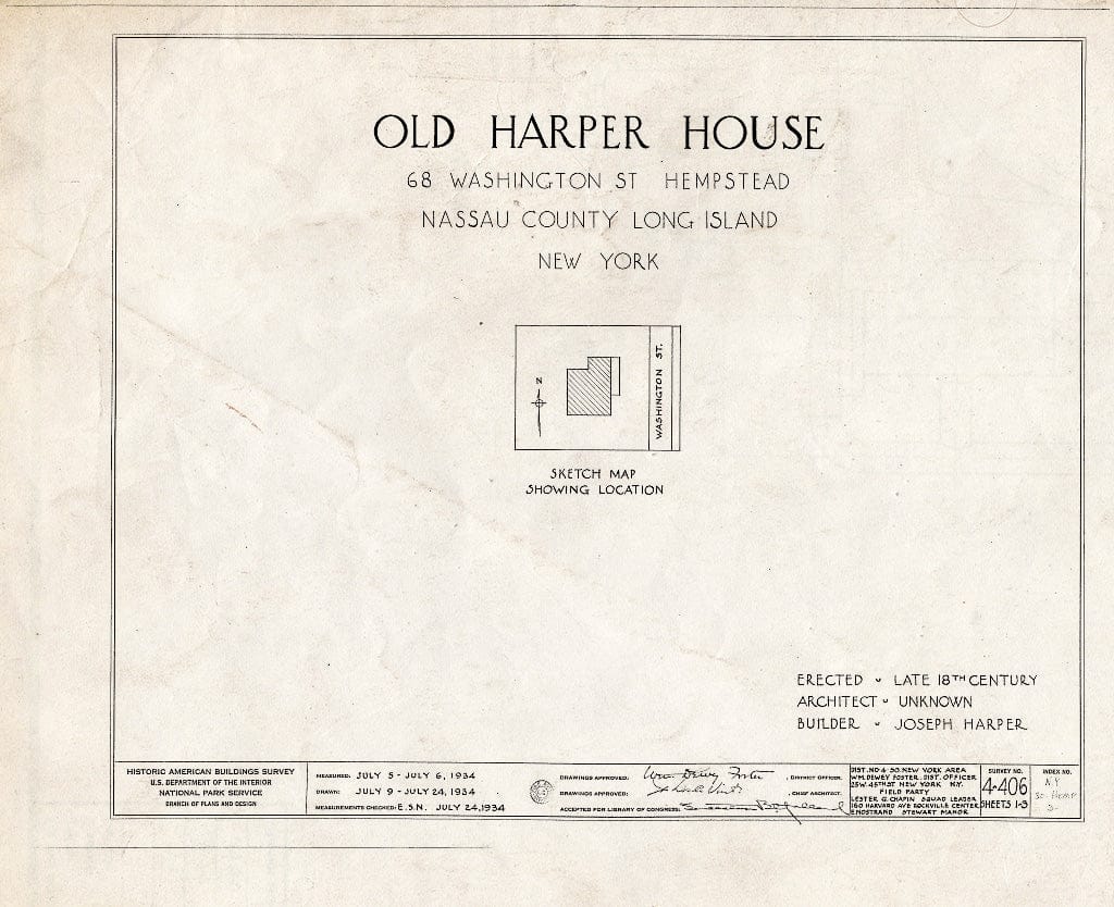Blueprint HABS NY,30-Hemp,3- (Sheet 0 of 3) - Old Harper House, 68 Washington Street, Hempstead, Nassau County, NY