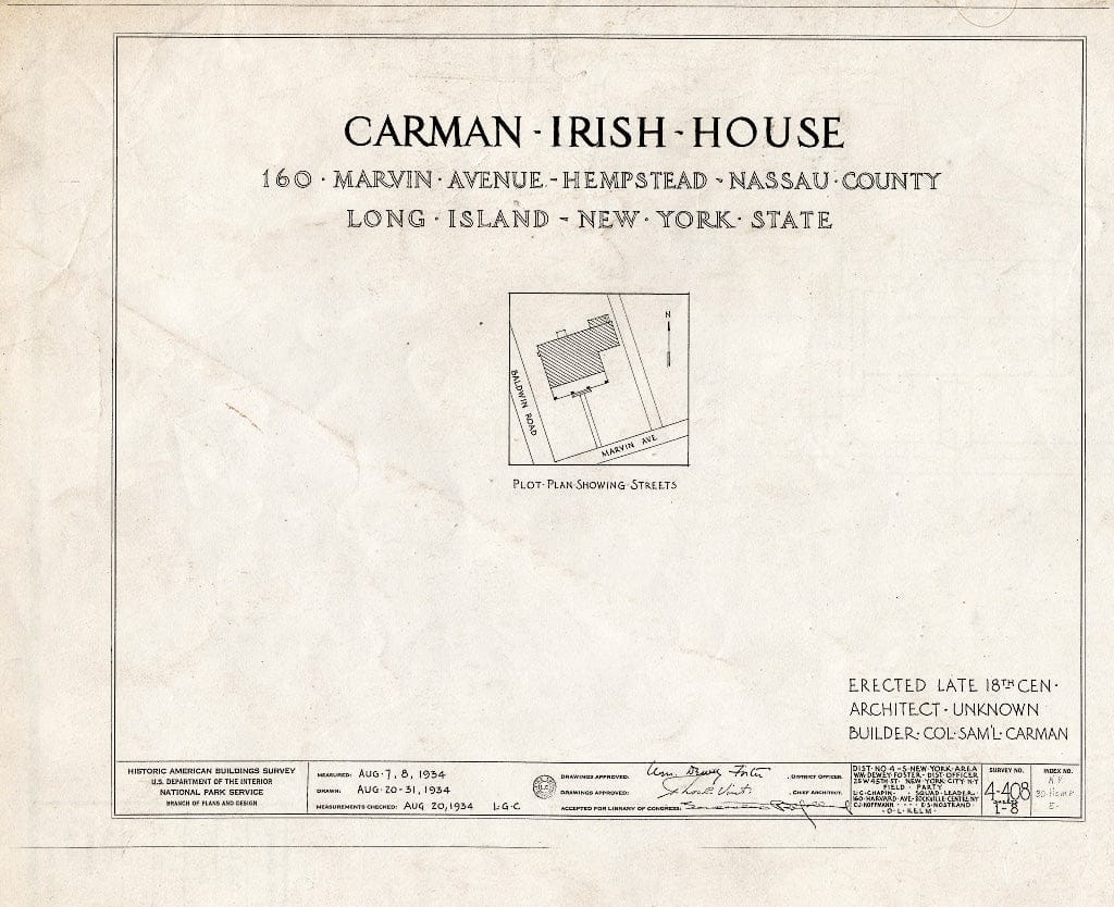 Blueprint HABS NY,30-Hemp,5- (Sheet 0 of 8) - Carman-Irish House, 160 Marvin Avenue, Hempstead, Nassau County, NY