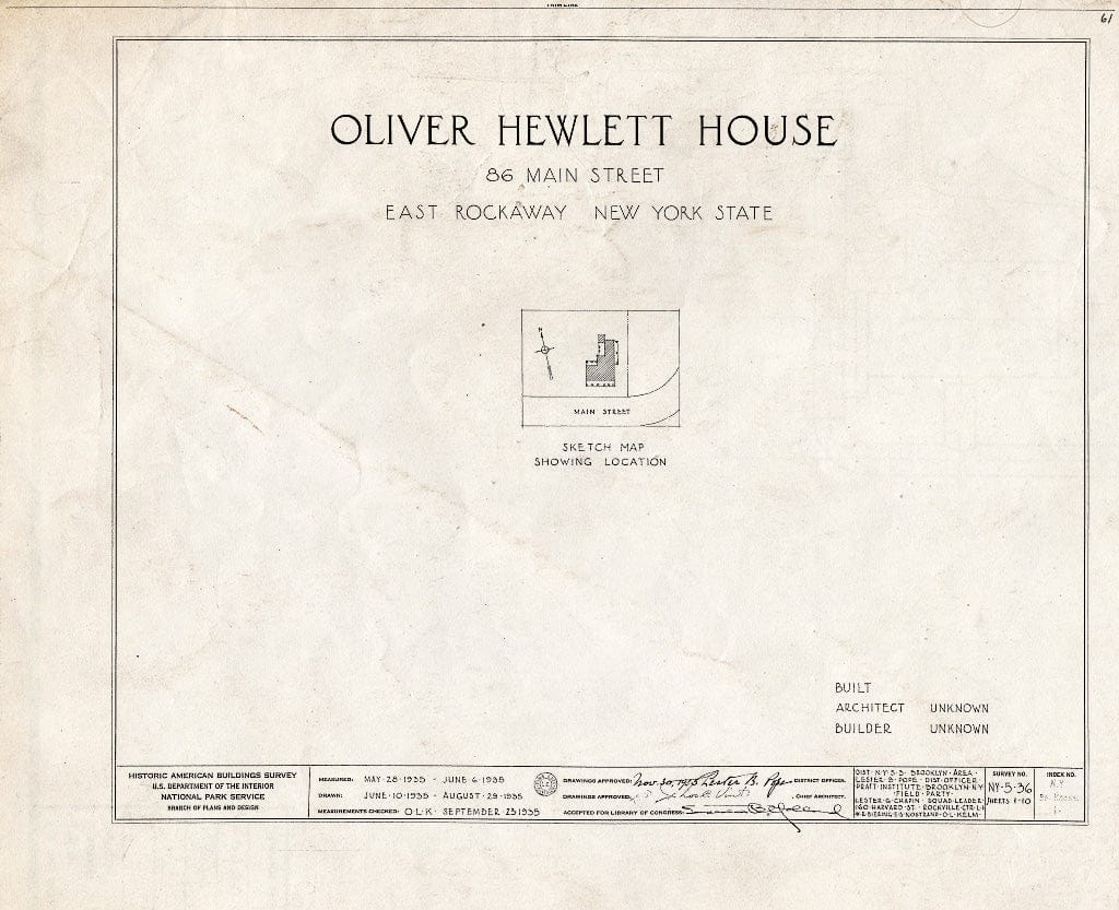 Blueprint HABS NY,30-Rocke,1- (Sheet 0 of 10) - Oliver Hewlett House, 86 Main Street, East Rockaway, Nassau County, NY