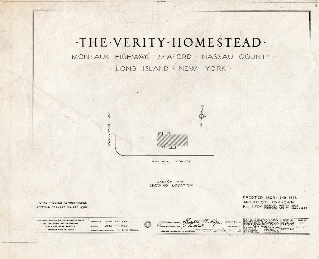 Blueprint HABS NY,30-SEAF,1- (Sheet 0 of 12) - Stephen Verity Homestead, Montauk Highway & Washington Avenue, Seaford, Nassau County, NY