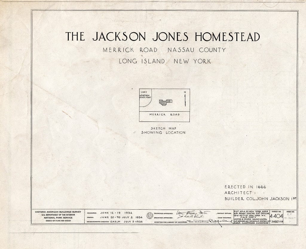 Blueprint HABS NY,30-Want,1- (Sheet 0 of 14) - Jackson Jones Homestead, Merrick Road, Wantagh, Nassau County, NY