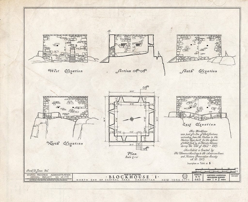 Blueprint HABS NY,31-NEYO,33- (Sheet 1 of 2) - Block Houses (Nos. 1 & 2), Central (110th Street) & Morningside Parks (123rd Street), New York County, NY