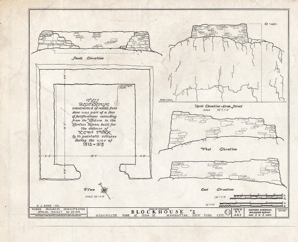 Blueprint HABS NY,31-NEYO,33- (Sheet 2 of 2) - Block Houses (Nos. 1 & 2), Central (110th Street) & Morningside Parks (123rd Street), New York County, NY