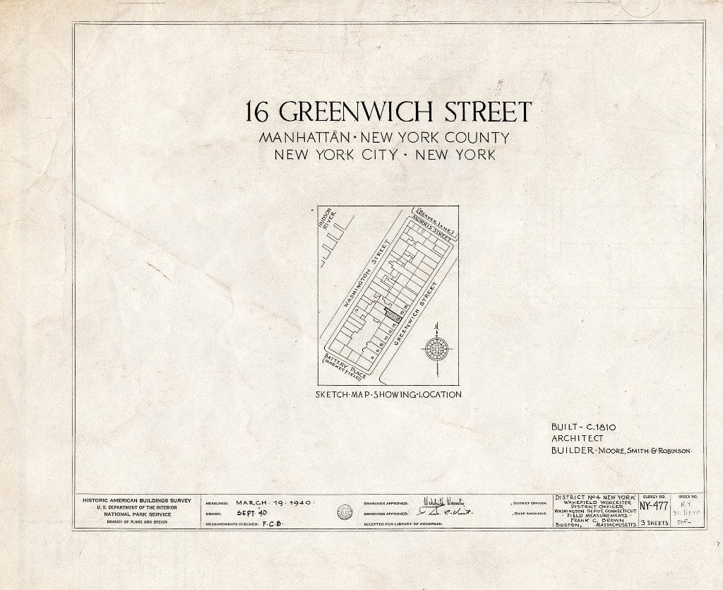 Blueprint HABS NY,31-NEYO,54F (Sheet 0 of 3) - 16 Greenwich Street (House), New York County, NY