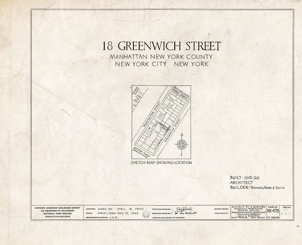 Blueprint HABS NY,31-NEYO,54G- (Sheet 0 of 13) - 18 Greenwich Street (House), New York County, NY