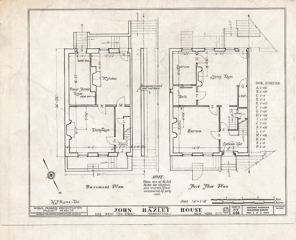 Blueprint HABS NY,31-NEYO,34- (Sheet 1 of 3) - John Hazlet House, 204-206 West Thirteenth Street, New York County, NY