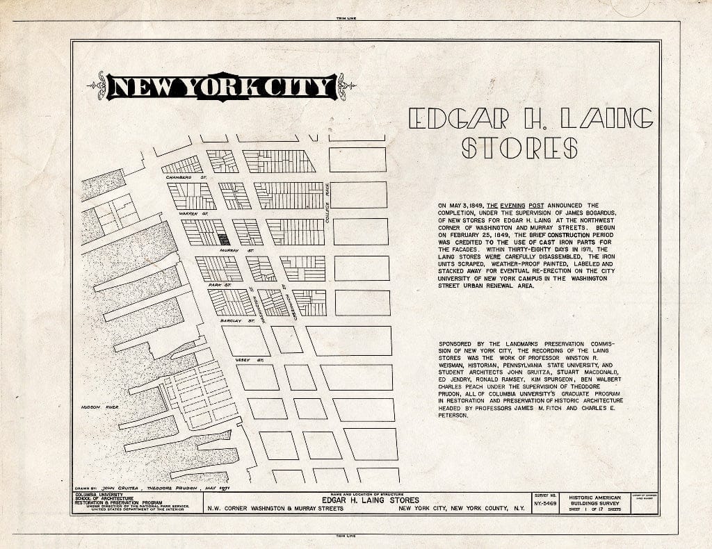 Blueprint HABS NY,31-NEYO,76- (Sheet 1 of 17) - Edgar Laing Stores, Washington & Murray Streets, New York County, NY