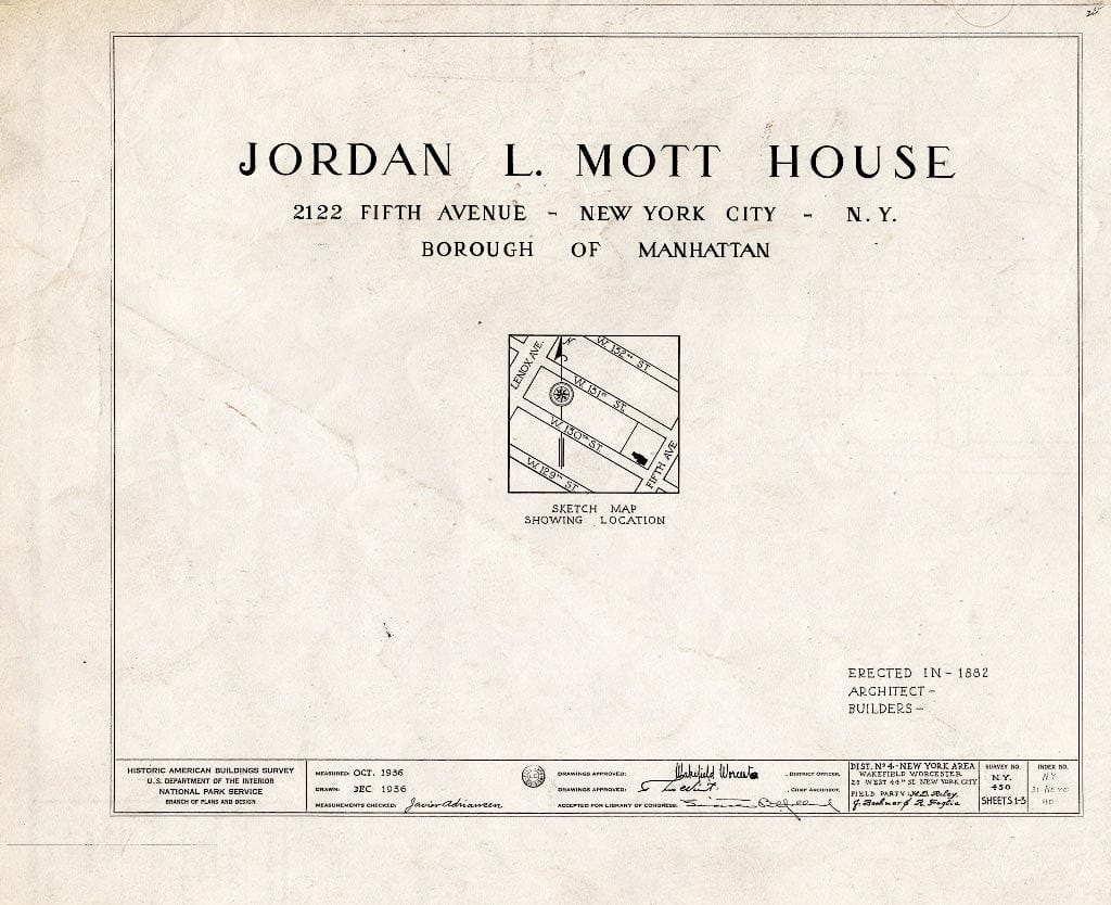 Blueprint HABS NY,31-NEYO,40- (Sheet 0 of 3) - Jordan L. Mott House, 2122 Fifth Avenue, New York County, NY