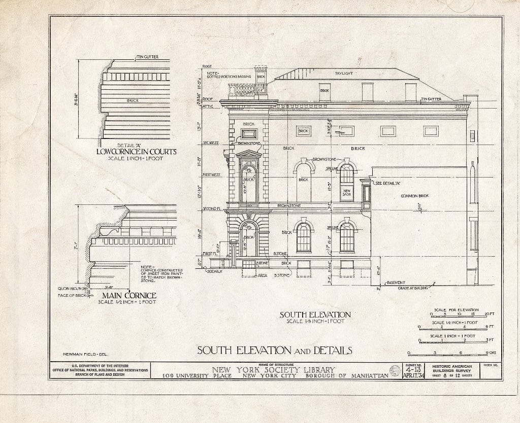 Blueprint HABS NY,31-NEYO,15- (Sheet 8 of 12) - New York Society Library, 109 University Place, New York County, NY