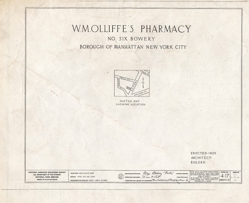 Blueprint HABS NY,31-NEYO,20- (Sheet 0 of 3) - Olliffe's Pharmacy, 6 Bowery, New York County, NY