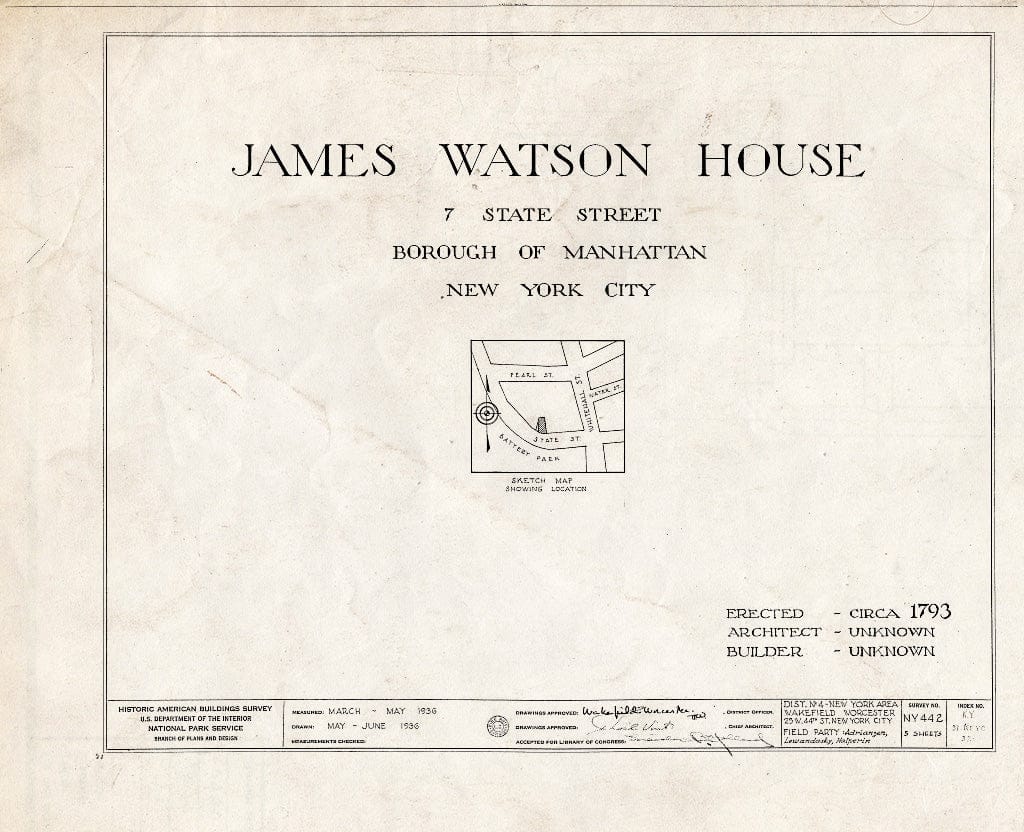 Blueprint HABS NY,31-NEYO,32- (Sheet 0 of 5) - James Watson House, 7 State Street, New York County, NY