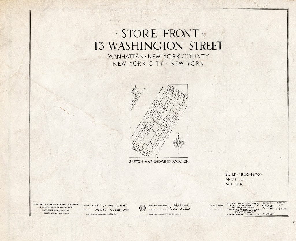 Blueprint HABS NY,31-NEYO,54I- (Sheet 0 of 1) - 13 Washington Street (Store Front), New York County, NY
