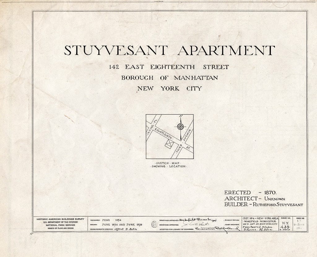 Blueprint HABS NY,31-NEYO,25- (Sheet 0 of 6) - Stuyvesant Apartments, 142 East Eighteenth Street, New York County, NY