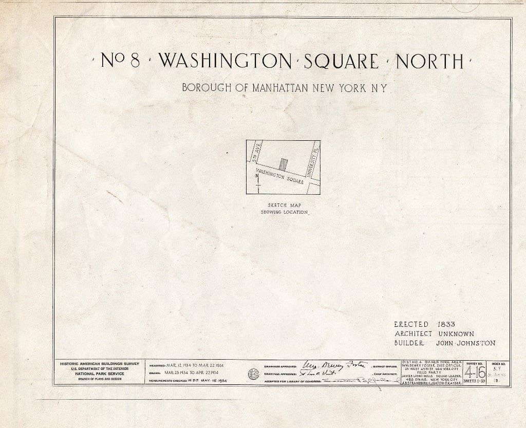 Blueprint HABS NY,31-NEYO,18- (Sheet 0 of 10) - 8 Washington Square North (House), New York County, NY
