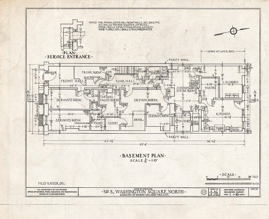 Blueprint HABS NY,31-NEYO,18- (Sheet 1 of 10) - 8 Washington Square North (House), New York County, NY