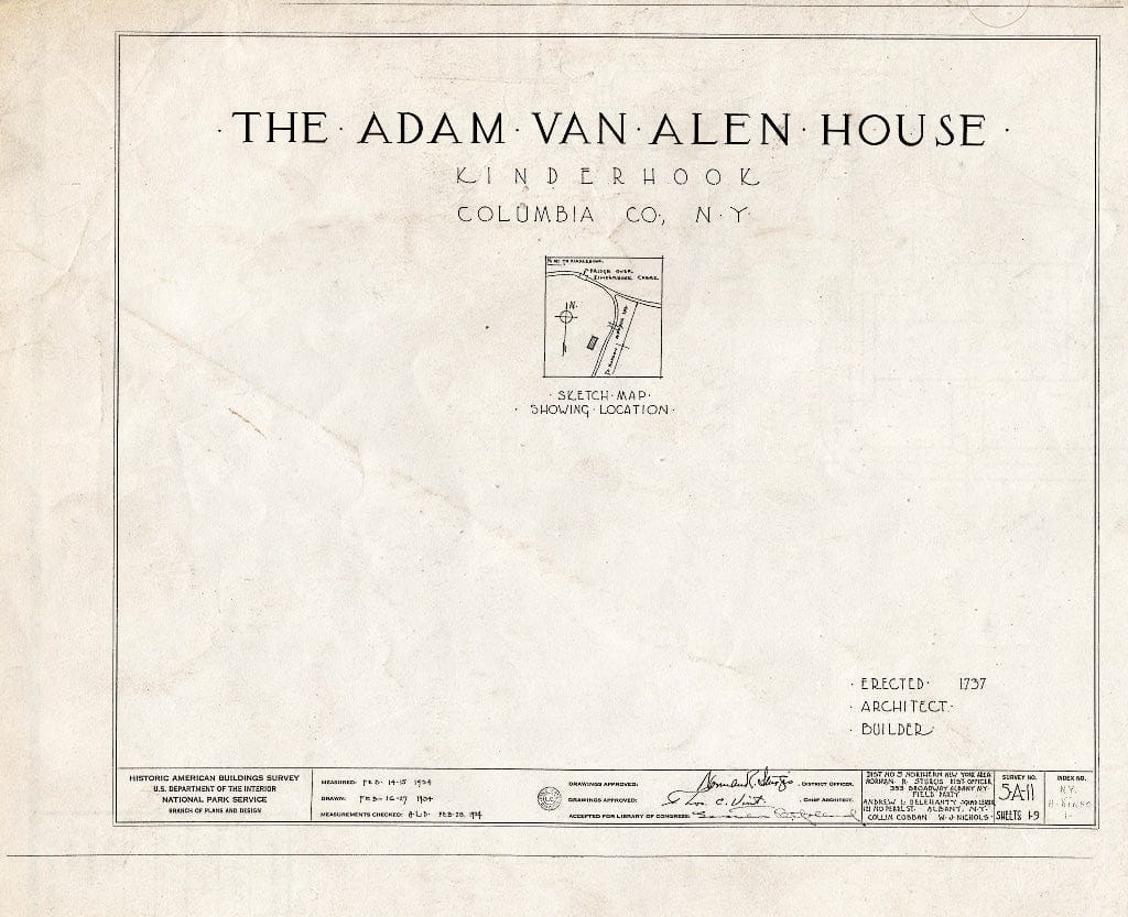 Blueprint HABS NY,11-KINHO,1- (Sheet 0 of 9) - Adam Van Alen House, Kinderhook Creek Vicinity, Kinderhook, Columbia County, NY