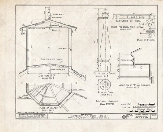 Blueprint 4. Belfry Plan and Section; Finial; Door Hinge; Wing Cornice - District School Number 9, Marcellus, Onondaga County, NY
