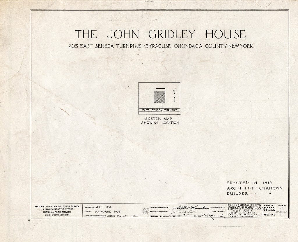 Blueprint HABS NY,34-SYRA,4- (Sheet 0 of 12) - John Gridley House, 205 East Seneca Turnpike, Syracuse, Onondaga County, NY