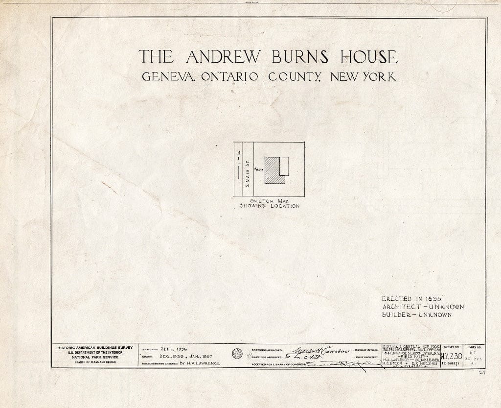 Blueprint HABS NY,35-GEN,3- (Sheet 0 of 12) - Andrew Burns House, 859 South Main Street, Geneva, Ontario County, NY