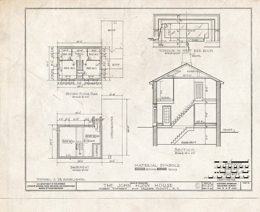 Blueprint 2. Basement and Second Floor Plans; Section; Window Detail - John Hunn House, Ridge & East Holley Roads, Murray, Orleans County, NY