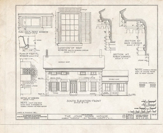 Blueprint 3. South (Front Elevation); Window, Cornice, and Corner (Cobblestone and Quoin) Details - John Hunn House, Ridge & East Holley Roads, Murray, Orleans County, NY
