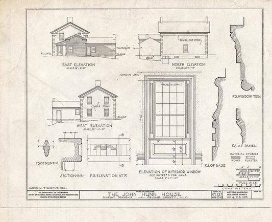 Blueprint 4. East, west, and North elevations; Window Details - John Hunn House, Ridge & East Holley Roads, Murray, Orleans County, NY