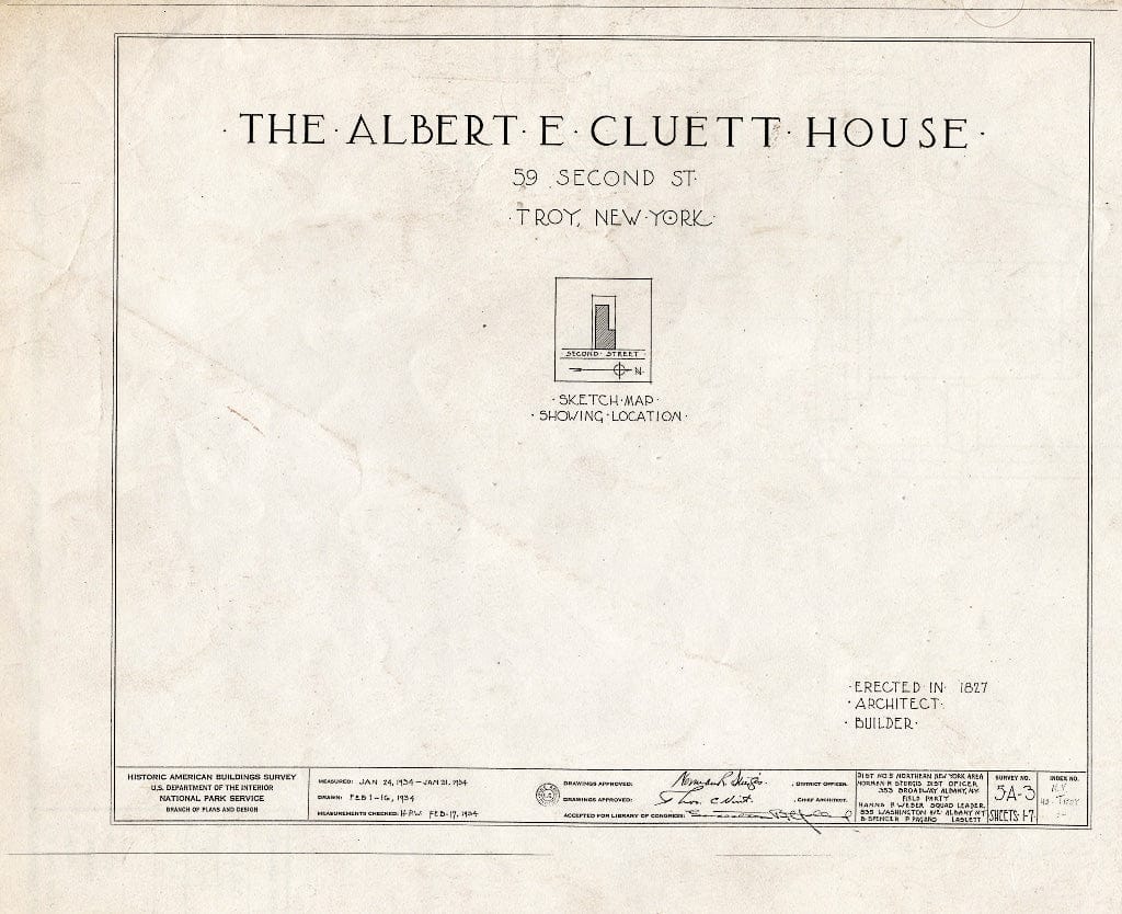Blueprint HABS NY,42-Troy,1- (Sheet 0 of 7) - Albert Cluett House, 59 Second Street, Troy, Rensselaer County, NY