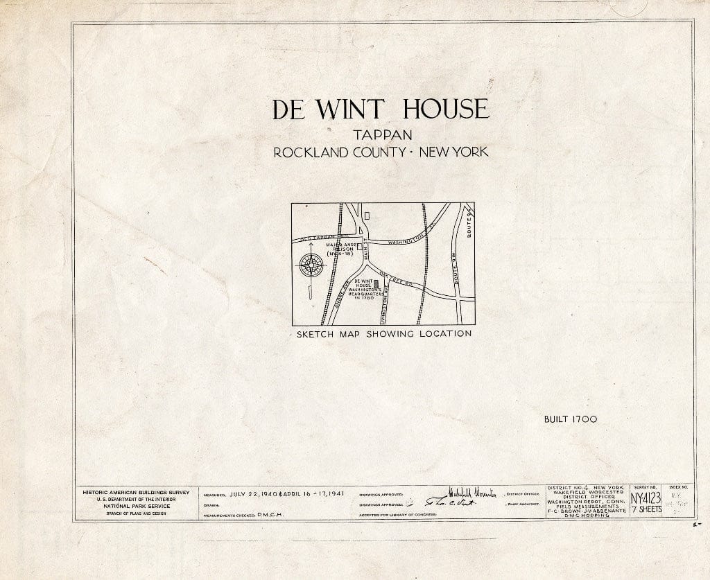 Blueprint HABS NY,44-TAP,2- (Sheet 0 of 7) - DE Windt House, Livingston Avenue & Oak Tree Road, Tappan, Rockland County, NY