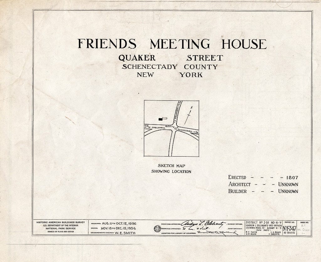 Blueprint HABS NY,47-QUAK,1- (Sheet 0 of 10) - Society of Friends Meetinghouse, State Route 7, Quaker Street, Schenectady County, NY