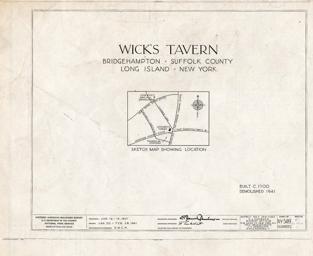 Blueprint HABS NY,52-BRIG,1- (Sheet 0 of 10) - Wick's Tavern, Montauk Highway, Bridgehampton, Suffolk County, NY