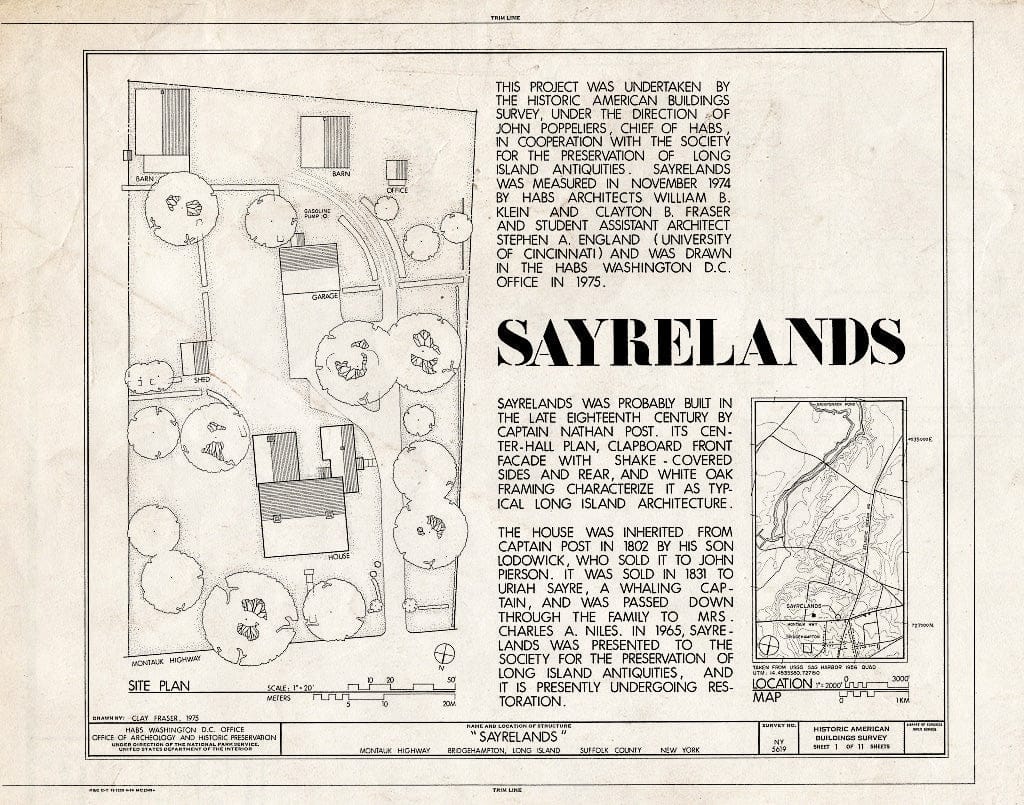 Blueprint HABS NY,52-BRIG,3- (Sheet 1 of 11) - Sayrelands, Montauk Highway, Bridgehampton, Suffolk County, NY