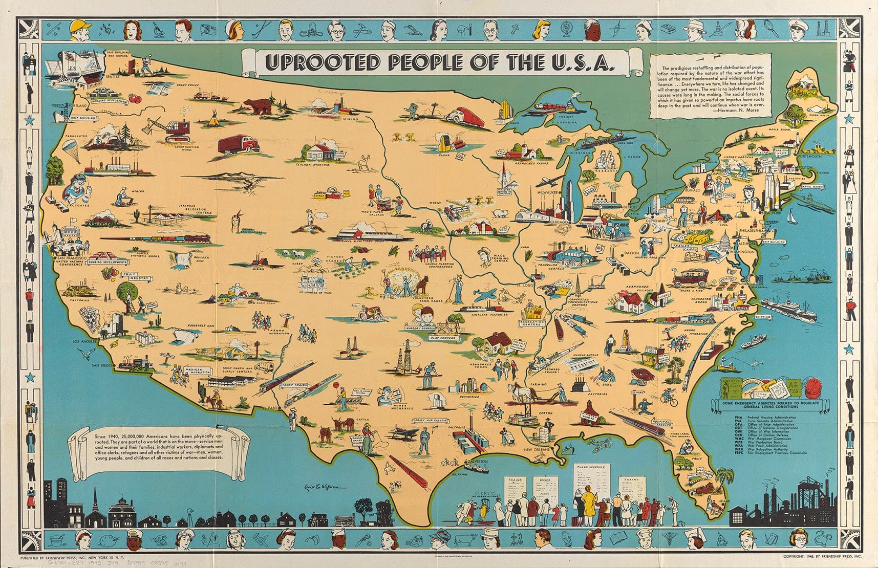 Historic Wall Map : Uprooted People Of The U.S.A. 1945 - Vintage Wall Art